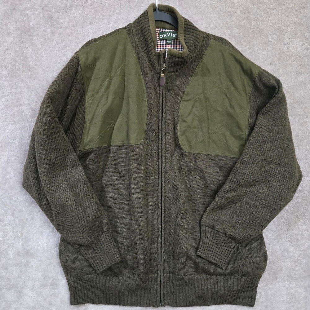 Orvis Wool Sweater Jacket Large Green Shooting Patch Plaid Lined Gorpcore